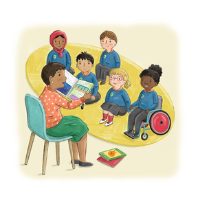 Illustration of a teacher reading a story to a group of children