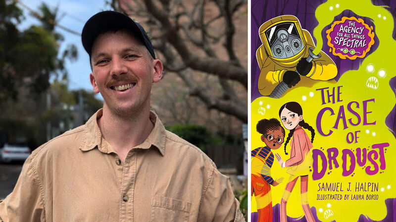 A photo of Sam Halpin and the front cover of his book The Case of Dr Dust