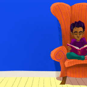 Illustration of a boy in a chair reading.