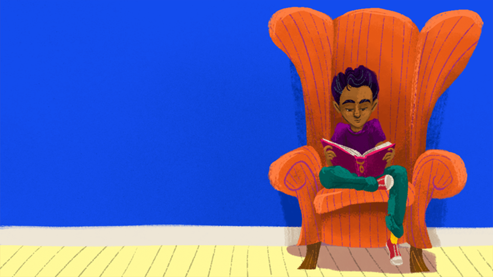 Illustration of a boy in a chair reading.