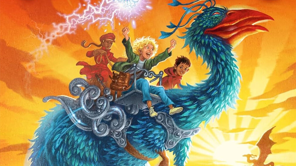 An illustration from the front cover of Magicalia: Race of Wonders, featuring children riding on the back of a huge magical creature