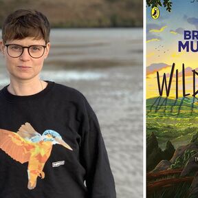 A picture of the author, Brogen Murphy. They are wearing a black sweatshirt and glasses and are looking at the camera, in a rural setting. The image also shows the book's cover.