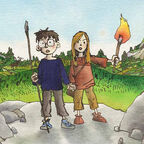 An illustration from the front cover of Stone Age Boy - two children standing at the entrance to a cave, one holding a spear and the other a flaming torch