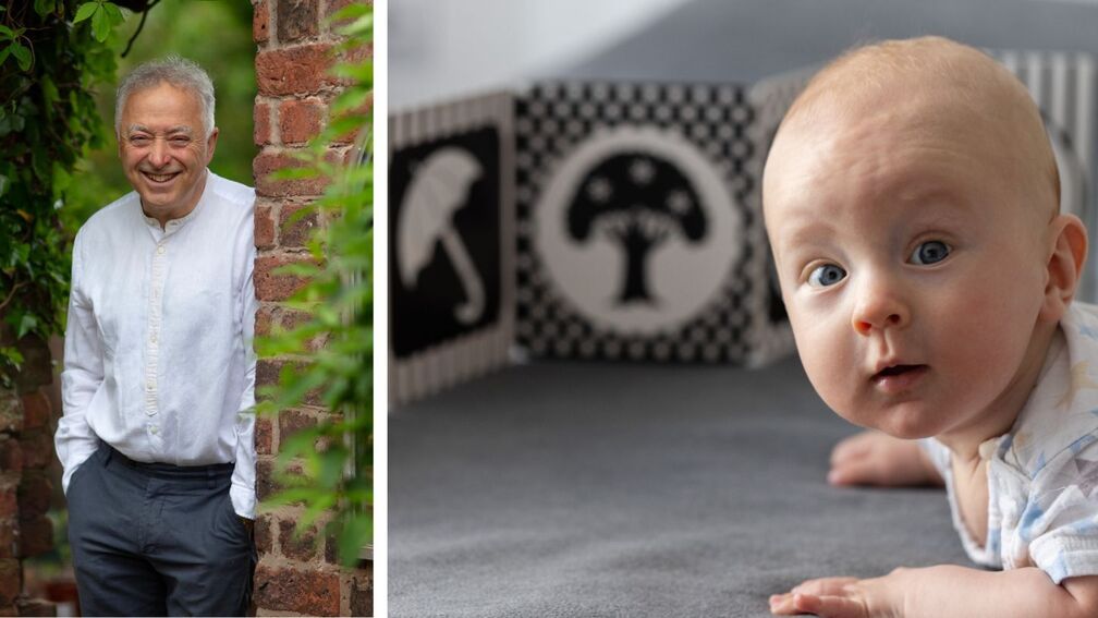A photo of Frank Cottrell-Boyce smiling by a brick wall in a garden. And a photo of a baby looking at a camera while on its front, with a black and white tummy time book propped up nearby.