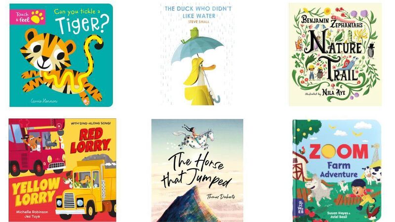 The front covers of Can You Tickle a Tiger, The Duck Who Didn't Like Water, Benjamin Zephaniah's Nature Trail, Red Lorry Yellow Lorry, The Horse That Jumped, and Zoom Farm Adventure