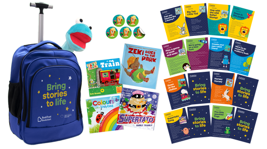 A composite of the pack, which includes a backpack, puppet toy and lots of books and activities.