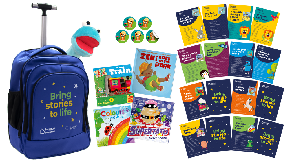 A composite of the pack, which includes a backpack, puppet toy and lots of books and activities.