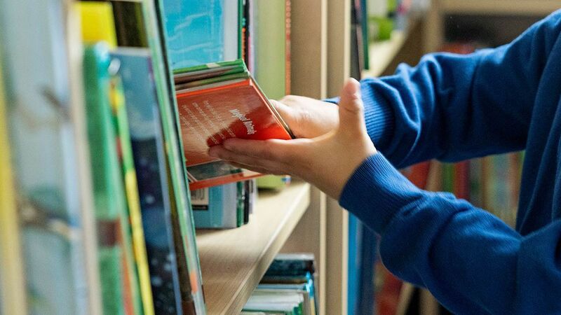 A close up of a child choosing a book from a shelf