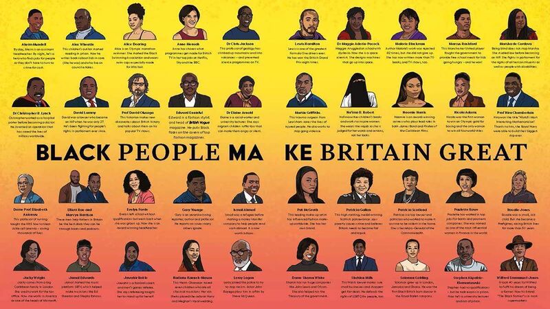 A spread from Brilliant Black British History featuring illustrations and information titled 'Black People Make Britain Great