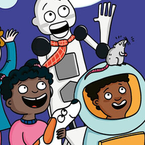 An illustration of two children - one wearing a space suit - and what appears to be a robot looking up at the sky excitedly; they are joined by a dog and a mouse.