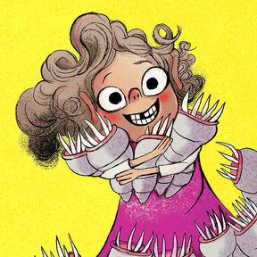 An illustration from the front cover of Nora and the Compass of Chaos, featuring a grinning child holding some strange objects that look like seashells with claws