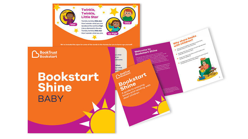 A Bookstart Shine Baby pack including a guide for parents and carers, featuring illustrations of children using sign language