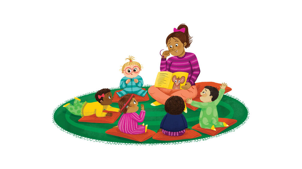 A group of children sitting on a carpet enjoying a story time session held by a woman holding a book. The woman is using sign language while one of the children wearing a hearing aid looks on excitedly