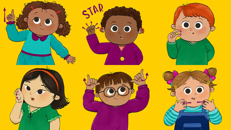 Illustrations from Bookstart Shine of children speaking in sign language