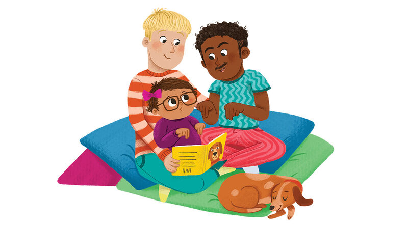 An illustration of two parents and a child sitting on cushions sharing a book and using sign language as a dog sleeps nearby