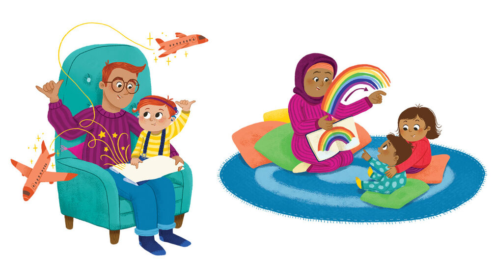 Two illustrations from Bookstart Shine - one features a man and a child sitting in an armchair sharing a book and using the sign language for "plane", as two planes circle around them. The other shows a woman showing a rainbow in a book to two children, while also making the sign for rainbow; one of the children is looking at the other and hugging them, while the smaller child is excitedly pointing at the book and rainbow sign