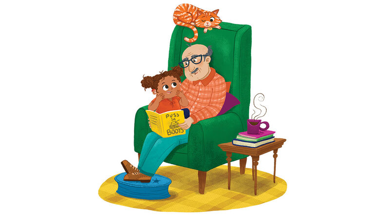 An illustration from Bookstart Shine featuring a man and girl sitting in an armchair reading Puss in Boots with a cat on the back of the chair, peeking at the book. The girl is smiling and signing 'cat'