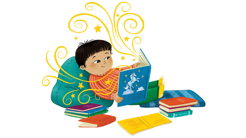 An illustration from Bookstart Shine of a child sitting propped up by a cushion, reading a book with other books piled up around them; magical swirls are coming off the pages of the book