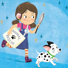 An illustration from the front cover of Lizzie and Lucky: The Mystery of the Missing Puppies