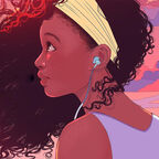 An illustration from the front cover of Quiet Storm of a girl wearing a headband and earphones, with her hair billowing around her as she looks up into the pink sky