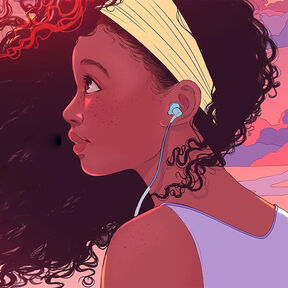 An illustration from the front cover of Quiet Storm of a girl wearing a headband and earphones, with her hair billowing around her as she looks up into the pink sky