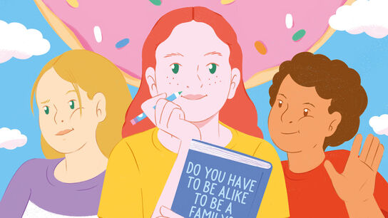 An illustration from the front cover of The Doughnut Club featuring three young people. The one in the middle is holding a pen and a book with the words "Do you have to be alike to be a family?" on it. There is a big doughnut with pink icing and sprinkles in the background, along with a blue sky and clouds.