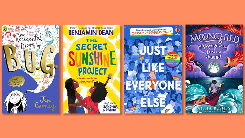 The front covers of The Accidental Diary of B.U.G., The Secret Sunshine Project, Just Like Everyone Else, and Moonchild: Voyage of the Lost and Found