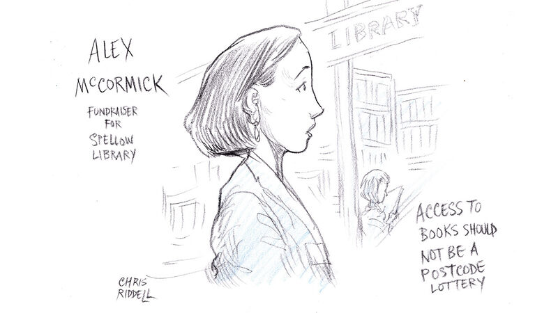 Chris Riddell's illustration of Alex McCormick speaking at the Reading Rights summit, with a library in the background. Plus the words: "Access to books should not be a postcode lottery"