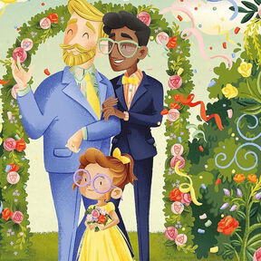 An illustration from the front cover of Uncle Bobby's Wedding, featuring two men getting married plus a child bridesmaid standing in front of them