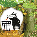 An illustration of a badger putting a leaf in a bin from the front cover of Tidy