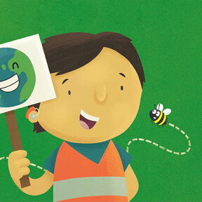 An illustration of a child holding up a sign with a smiling Earth on it while a bee buzzes nearby from the front cover of Pedro Loves Saving the Planet