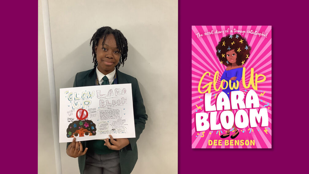 Competition winner Jessica with her winning book review, and the front cover of Glow Up Lara Bloom