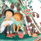 An illustration of two children in a makeshift shelter covered with foliage and plants, from the front cover of The Perfect Shelter
