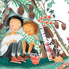 An illustration of two children in a makeshift shelter covered with foliage and plants, from the front cover of The Perfect Shelter