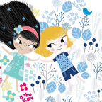 An illustration from the front cover of Two Sides of two girls lying in a field holding hands; one has long dark hair and a dress and is surrounded by pink and green flowers, while the other has short blonde hair, a T-shirt and shorts and is surrounded by blue flowers.