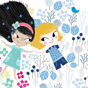 An illustration from the front cover of Two Sides of two girls lying in a field holding hands; one has long dark hair and a dress and is surrounded by pink and green flowers, while the other has short blonde hair, a T-shirt and shorts and is surrounded by blue flowers.