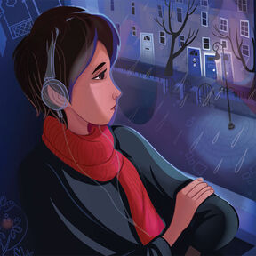 An illustration from the front cover of Boy, Everywhere of a child wearing headphones and looking sadly out of a window