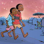 An illustration of two children walking through a refugee camp, one with their arm around the other, from the front cover of When Stars are Scattered
