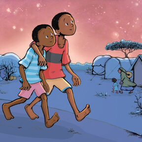 An illustration of two children walking through a refugee camp, one with their arm around the other, from the front cover of When Stars are Scattered