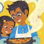 An illustration of a man and a child smiling at a big steaming pot of food, from the front cover of Papa's Butter Chicken
