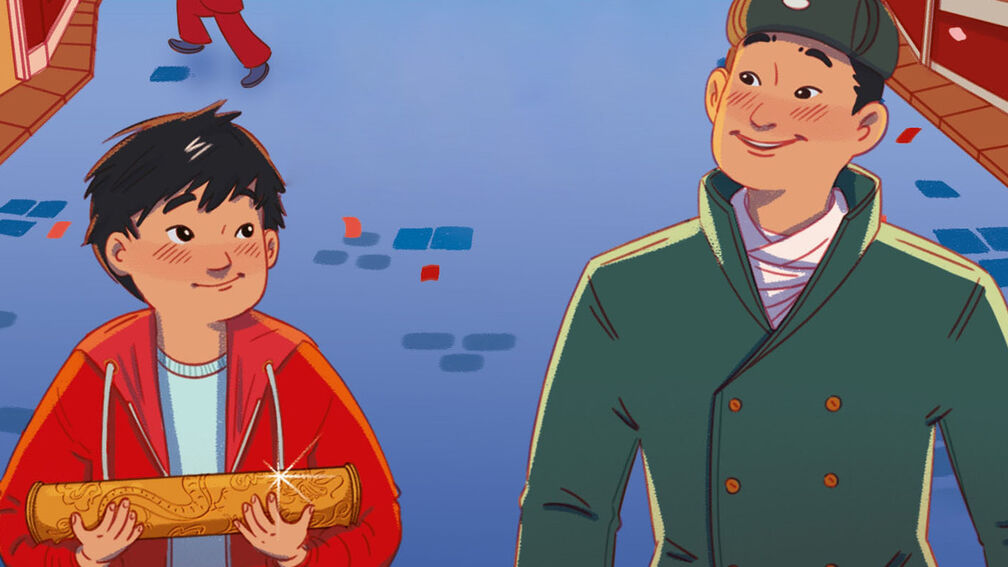 An illustration from the front cover of Nate Yu's Blast From the Past featuring a child holding a sparkling object with a dragon carving on it and a man in what looks like an army uniform; the child and man are smiling at each other