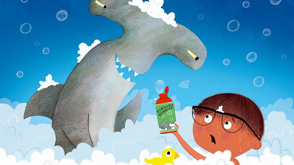 An illustration from the front cover of I Could Get Eaten By a Shark of a child in a bubble bath with a rubber duck, looking shocked as they look upwards at a hammerhead shark