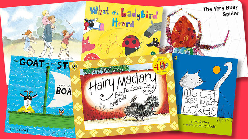The front covers of We're Going on a Bear Hunt, What the Ladybird Heard, The Very Busy Spider, The Goat and the Stoat and the Boat, Hairy Maclary from Donaldson's Dairy, and My Cat Likes to Hide in Boxes