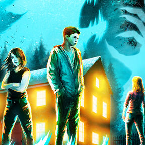 An illustration of three children standing outside a house with glowing windows as a ghostly wolf-shaped cloud rises above them, from the front cover of Bite Risk