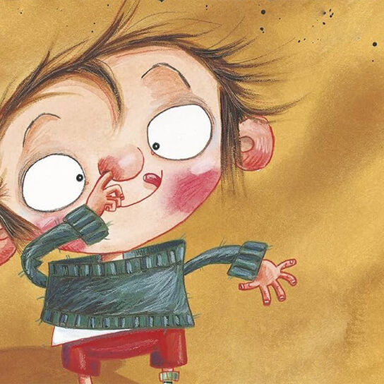An illustration of a child sticking out their tongue and picking their nose from the front cover of Dirty Bertie