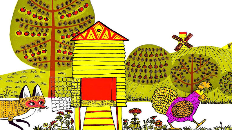 An illustration of a hen going for a walk through a farmyard followed by a fox, from the front cover of Rosie's Walk