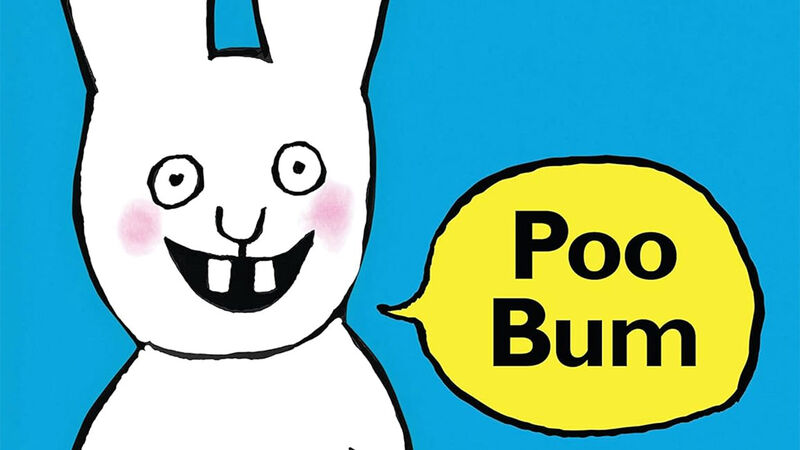 An illustration of a grinning rabbit saying "Poo Bum"