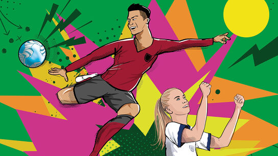 A bright graphic illustration of a man kicking a ball and a woman celebrating in an England shirt from the front cover of Score Like a Striker