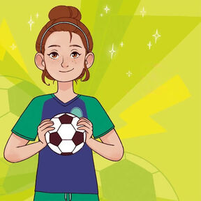 The front cover of a girl with her hair up holding a football in front of her chest, from the front cover of Finding Her Feet