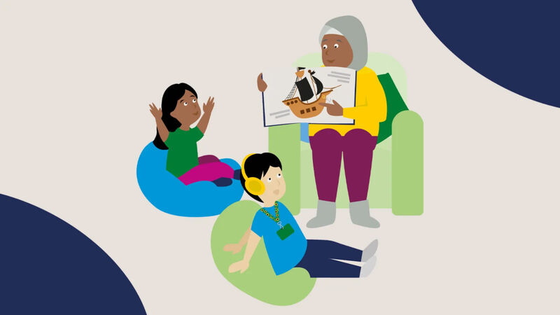 An illustration of a woman sitting in an armchair reading to two children sitting on beanbags - one of the children is wearing ear protectors and a sunflower lanyard